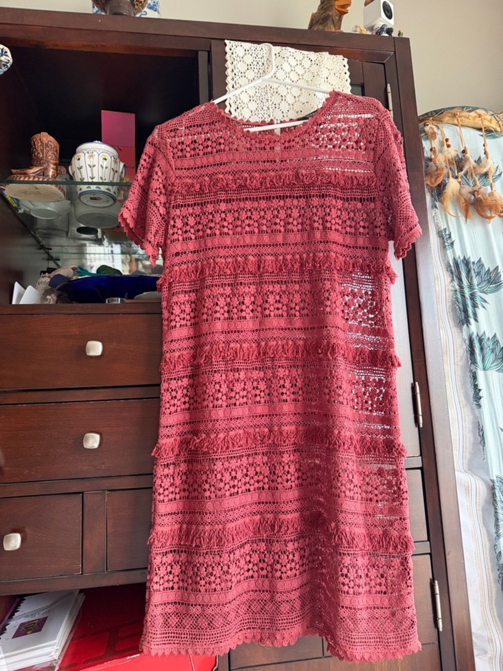 Anthro Crochet Lace Short Sleeve Dress in Deep Rose pearl back closure dress